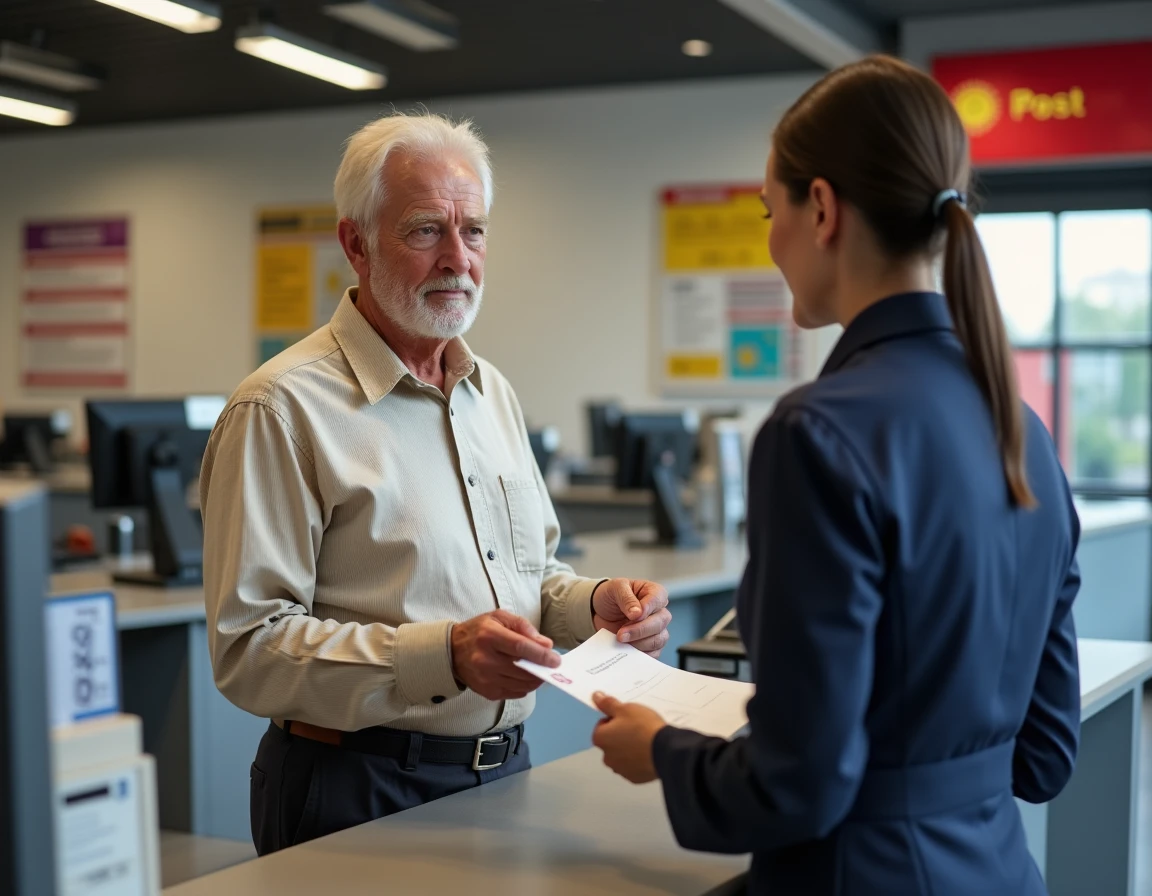 Retraité déposant un courrier Carsat dans un bureau de poste français
