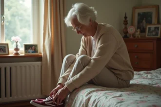 Femme âgée en train de lacer ses chaussures dans une chambre lumineuse