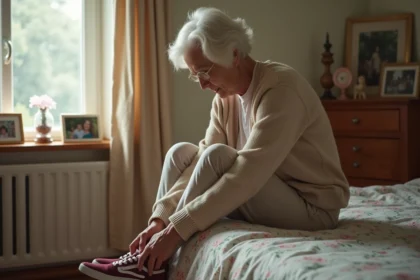Femme âgée en train de lacer ses chaussures dans une chambre lumineuse
