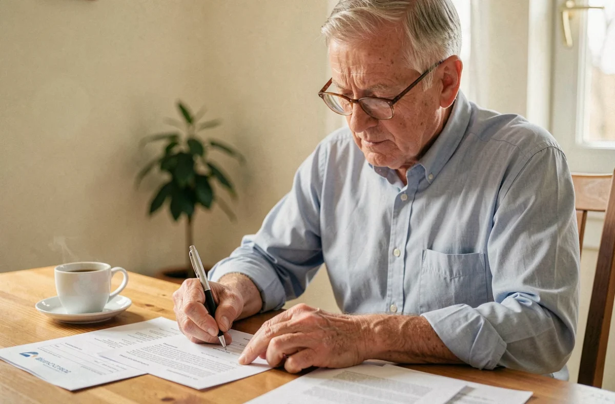Retraité remplissant un formulaire d'inscription à la mutuelle SG Retraités à son domicile