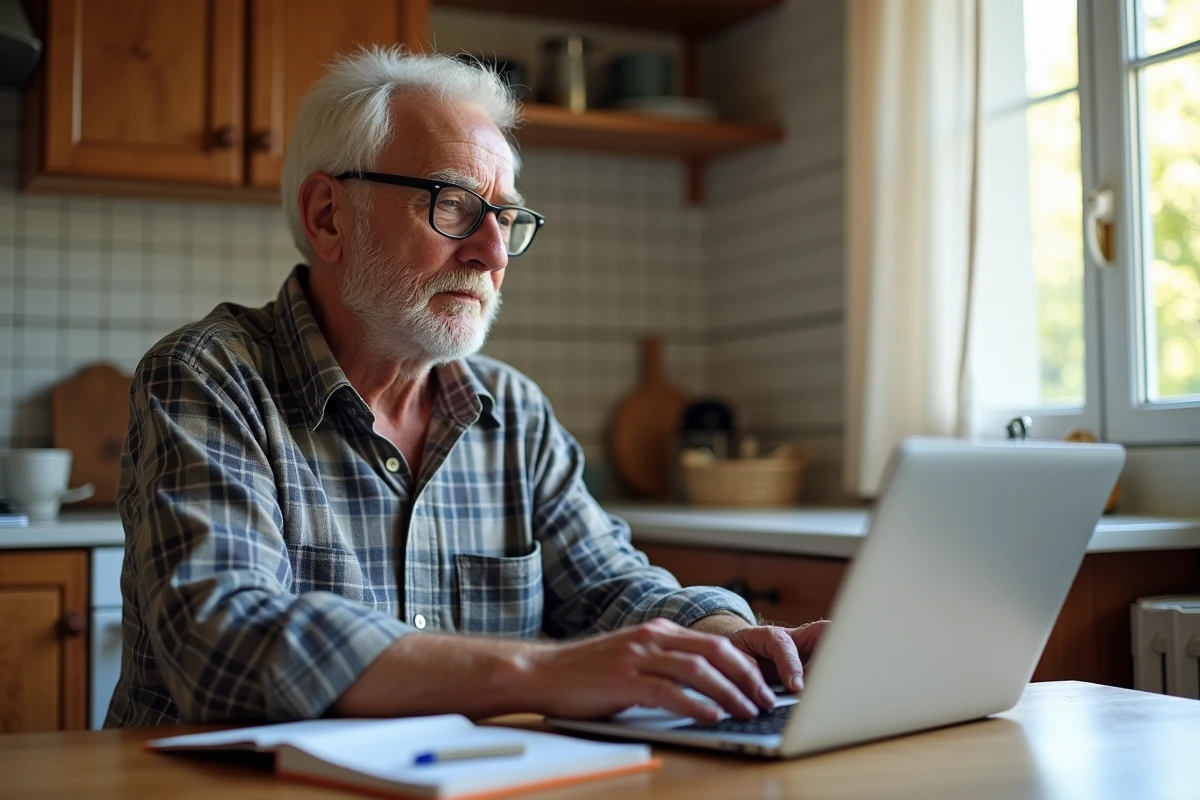 Un retraité consulte les aides de sa commune et de sa région sur un ordinateur portable depuis sa cuisine