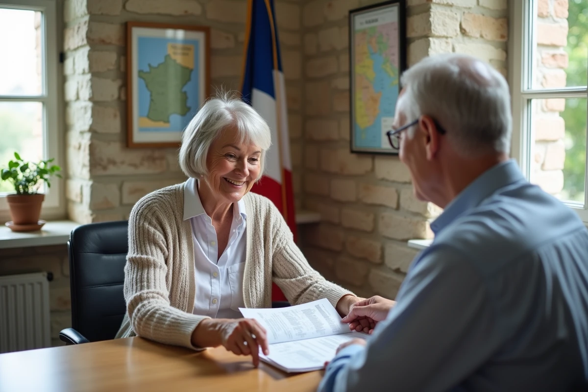 Une retraitée consulte un conseiller municipal dans une mairie française pour découvrir les aides locales disponibles pour les seniors
