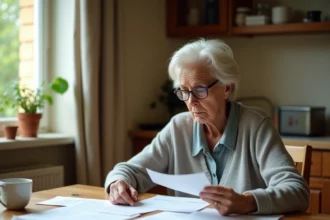 Retraitée française consultant ses relevés de pension Agirc-Arrco à la table de sa cuisine