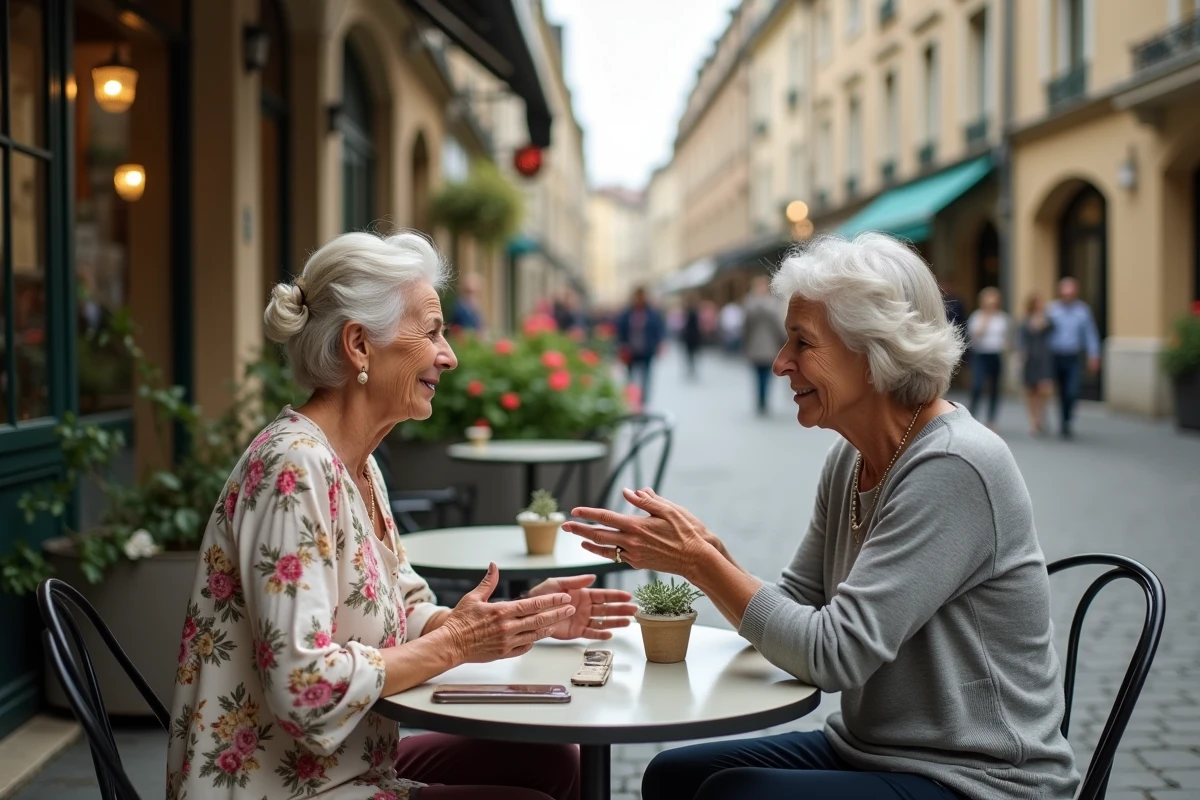 Deux femmes retraitées discutant de la revalorisation des pensions de retraite complémentaire en terrasse