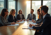 Groupe d'adultes en réunion avec un avocat dans un bureau lumineux