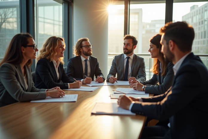Groupe d'adultes en réunion avec un avocat dans un bureau lumineux