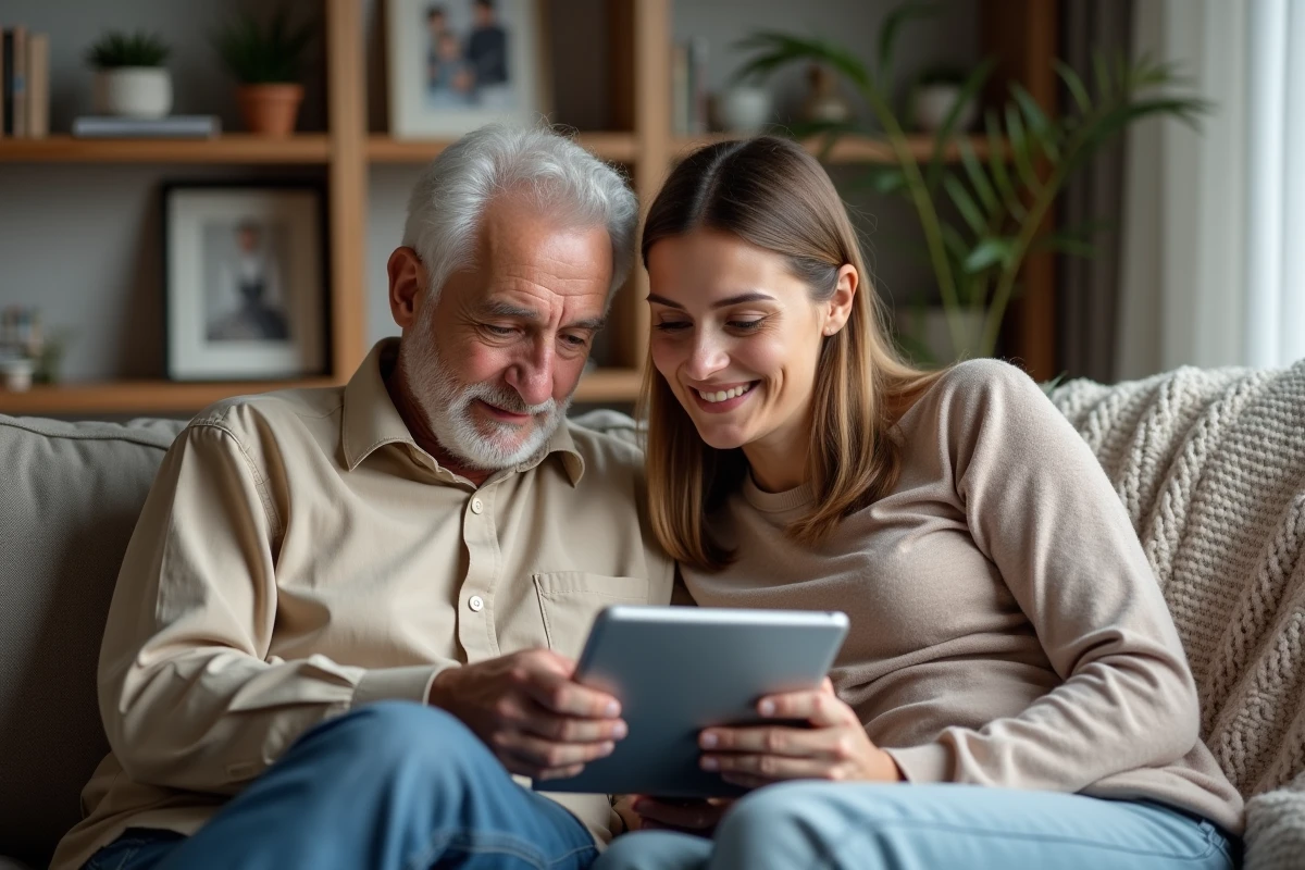 Un senior et sa fille consultent ensemble une tablette pour télécharger un document Mon Proxima lié à la protection juridique