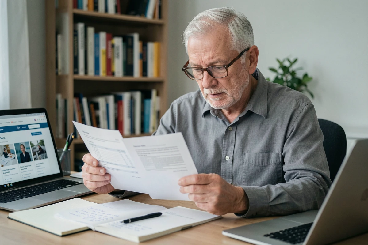 Homme senior comparant des devis de services à domicile Age d'Or Services à son bureau à la maison