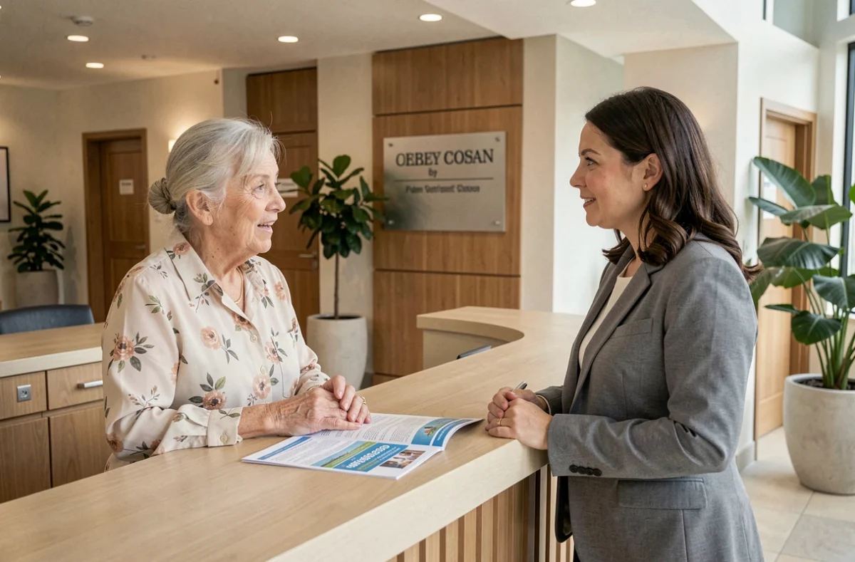 Femme senior discutant des tarifs annuels avec une conseillère à l'accueil d'une résidence pour personnes âgées