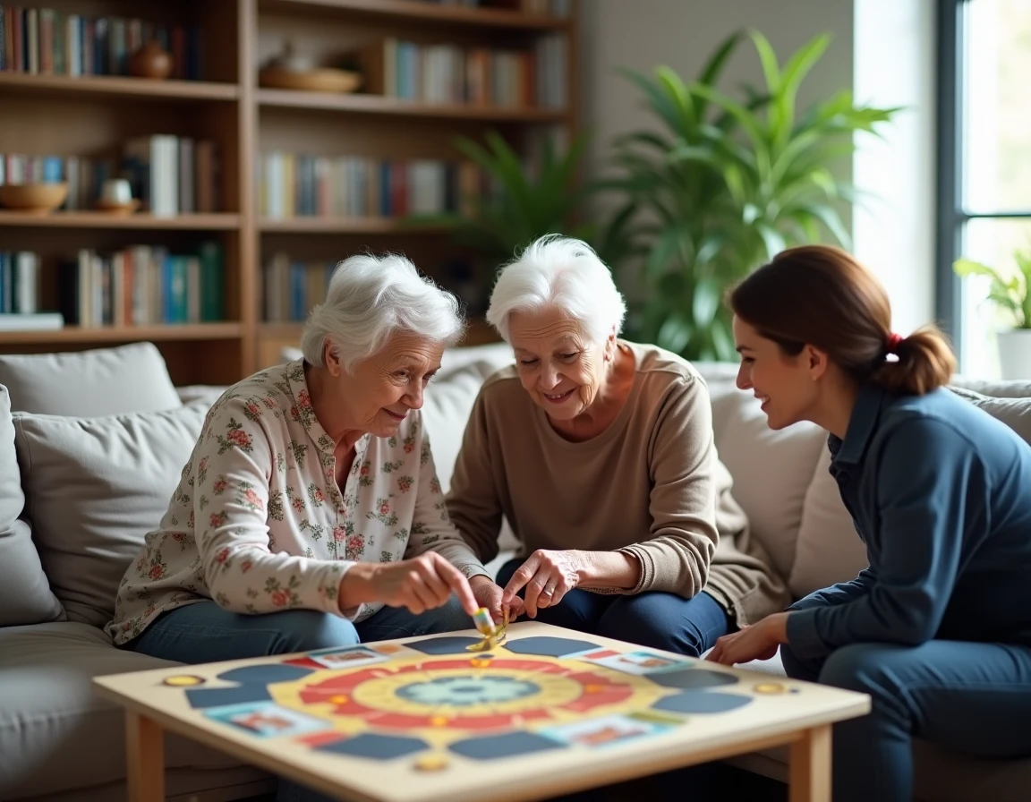 Deux femmes seniors découvrant un jeu de société coopératif aidées par une jeune femme bienveillante dans un appartement moderne