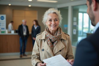 Femme senior souriante avec documents à la mairie