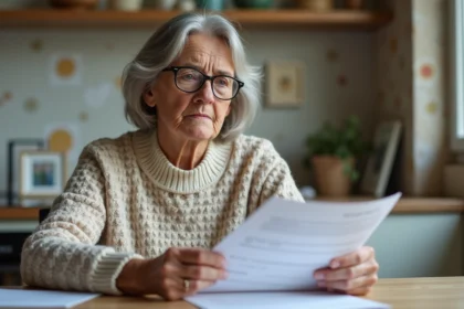 Femme senior lisant un bulletin de pension dans sa cuisine