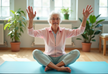Femme senior souriante faisant du yoga dans une pièce lumineuse