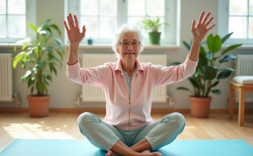 Femme senior souriante faisant du yoga dans une pièce lumineuse