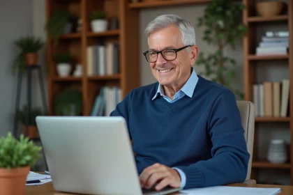 Homme senior souriant travaillant sur un ordinateur à domicile