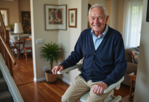 Homme age souriant utilisant un monte-escalier dans une maison