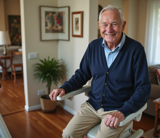 Homme age souriant utilisant un monte-escalier dans une maison