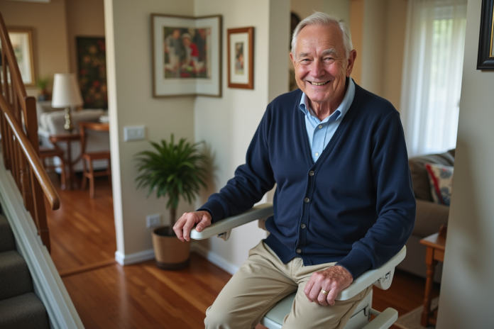 Homme age souriant utilisant un monte-escalier dans une maison