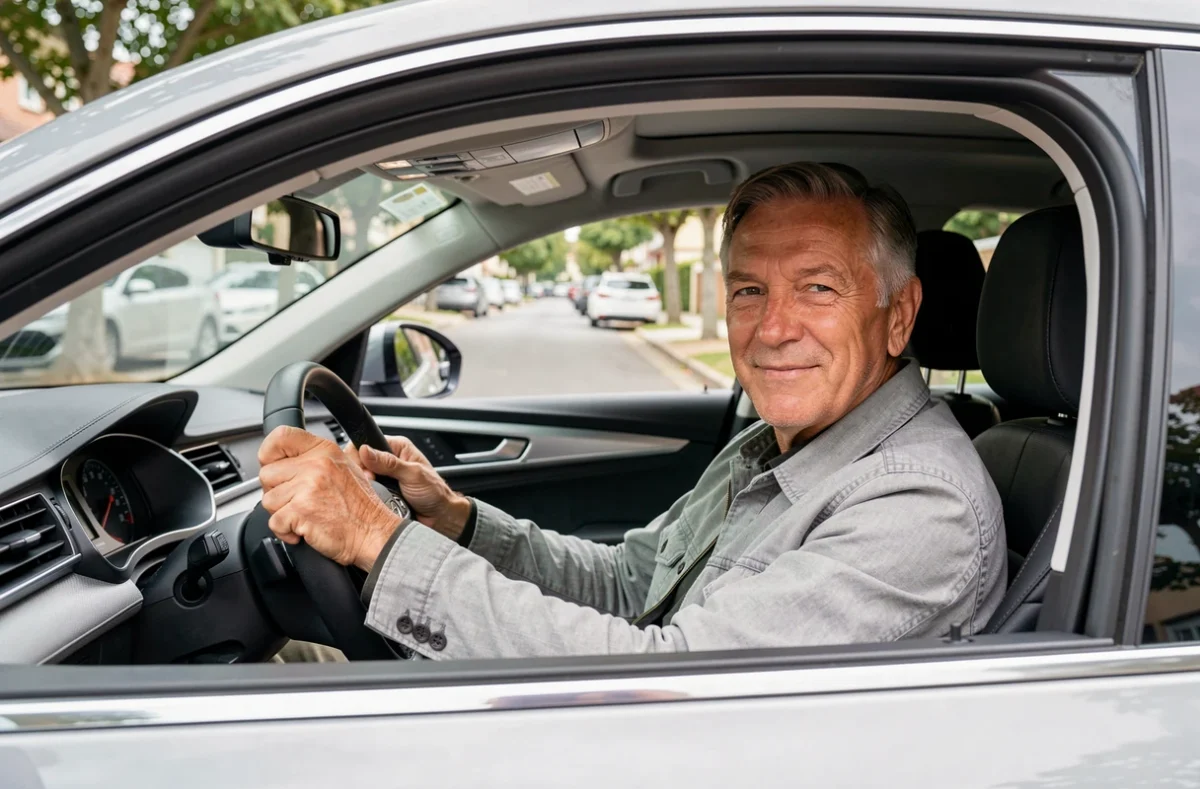 Homme senior de plus de 70 ans au volant d'une voiture, illustrant le maintien du permis de conduire après 70 ans