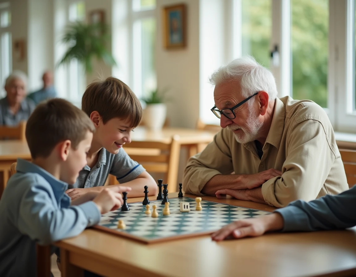 Un grand-père et son petit-fils jouant au Scrabble dans un centre communautaire, partageant un moment de complicité intergénérationnel