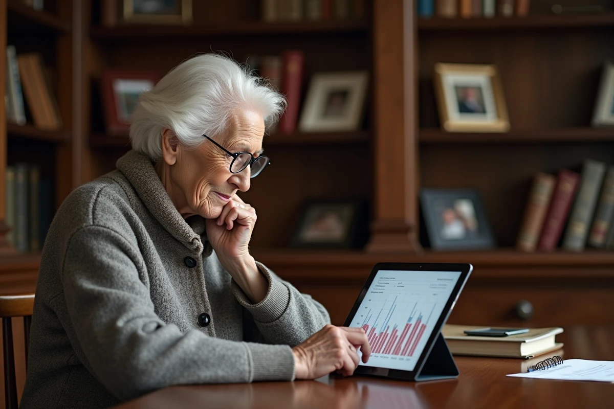 Femme âgée lisant une tablette dans une bibliothèque