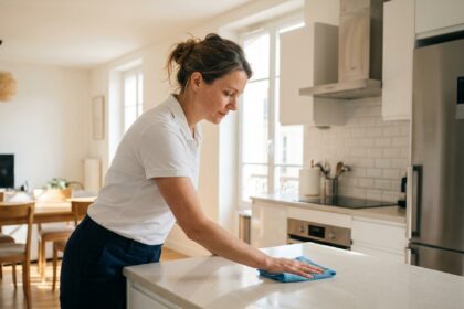 Femme professionnelle de ménage en uniforme blanc nettoyant le plan de travail d'une cuisine moderne à Bayonne