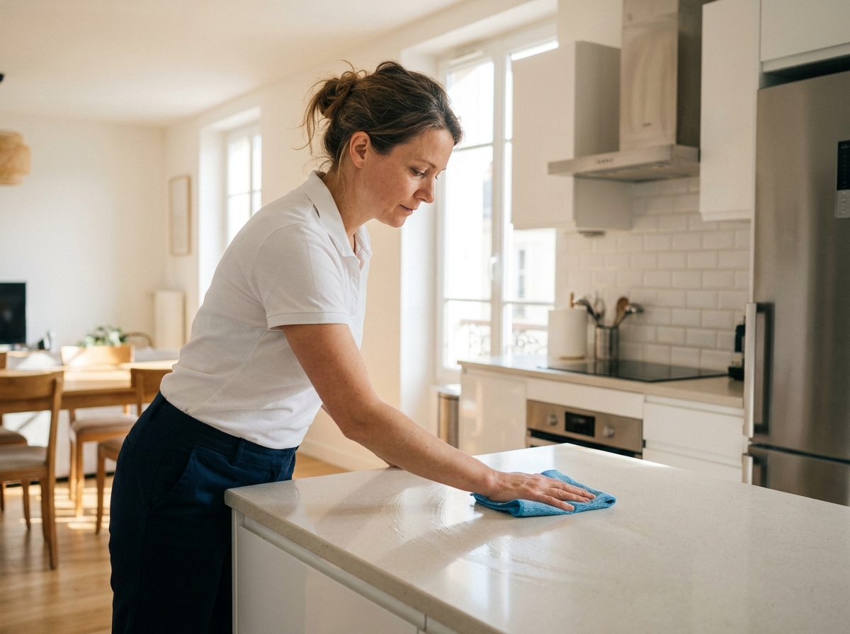 Femme professionnelle de ménage en uniforme blanc nettoyant le plan de travail d'une cuisine moderne à Bayonne