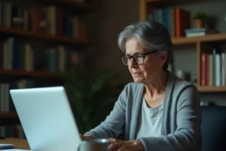 Femme adulte remplissant un formulaire de signalement en ligne sur un ordinateur portable dans un bureau à domicile