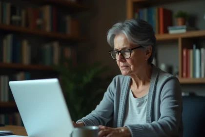 Femme adulte remplissant un formulaire de signalement en ligne sur un ordinateur portable dans un bureau à domicile