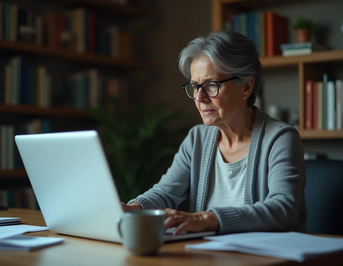Femme adulte remplissant un formulaire de signalement en ligne sur un ordinateur portable dans un bureau à domicile