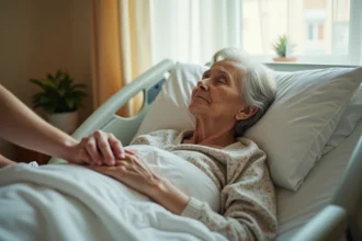 Femme âgée en fin de vie reposant paisiblement dans un lit de soins palliatifs, main tenue par un proche