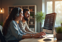 Technicien informatique aidant une personne à son bureau à domicile