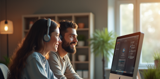 Technicien informatique aidant une personne à son bureau à domicile
