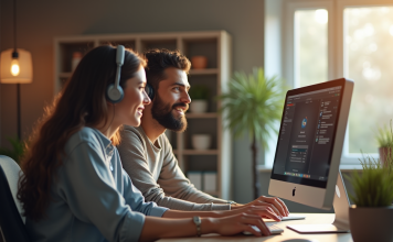 Aide en informatique : qui peut m’aider ? Besoin d’assistance ? Technicien informatique aidant une personne à son bureau à domicile