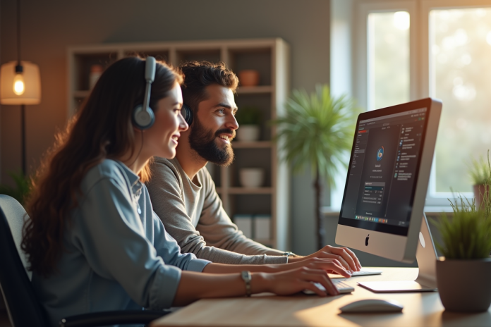 Technicien informatique aidant une personne à son bureau à domicile