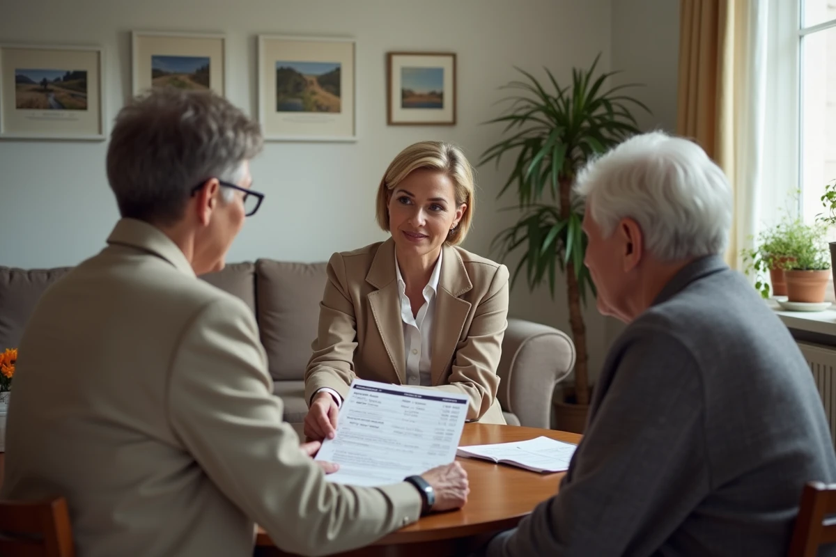 Assistante sociale expliquant les tarifs ADMR 2026 à un couple de personnes âgées à domicile