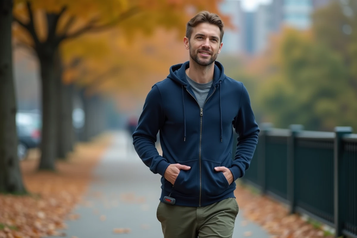 Homme adulte avec traceur GPS discret se promenant seul sur un trottoir urbain en automne en toute autonomie