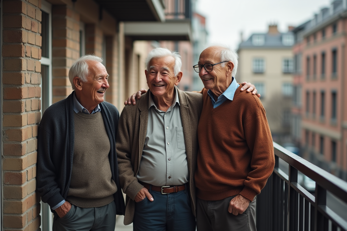 Trois hommes âgés discutant sur un balcon résidentiel