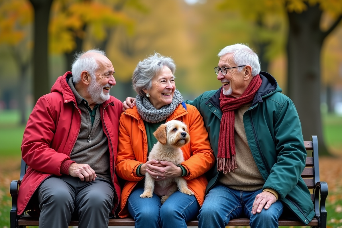 Trois seniors assis sur un banc dans un parc en automne avec un chien