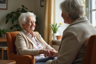 Une résidente âgée souriante tenant la main d'une proche lors d'une visite dans une maison de retraite chaleureuse