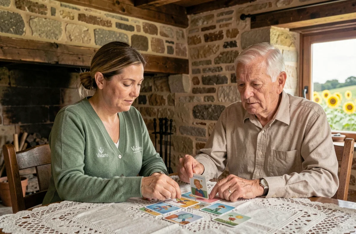 Intervenante Viviarto accompagnant un senior dans un exercice d'autonomie dans une ferme charentaise